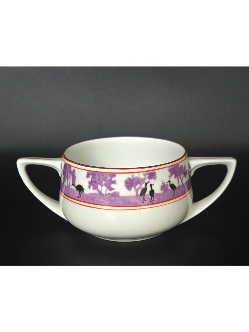 Epiag Czech Silhouette Purple Black Crane Double-Handled Porcelain Birds Bowl